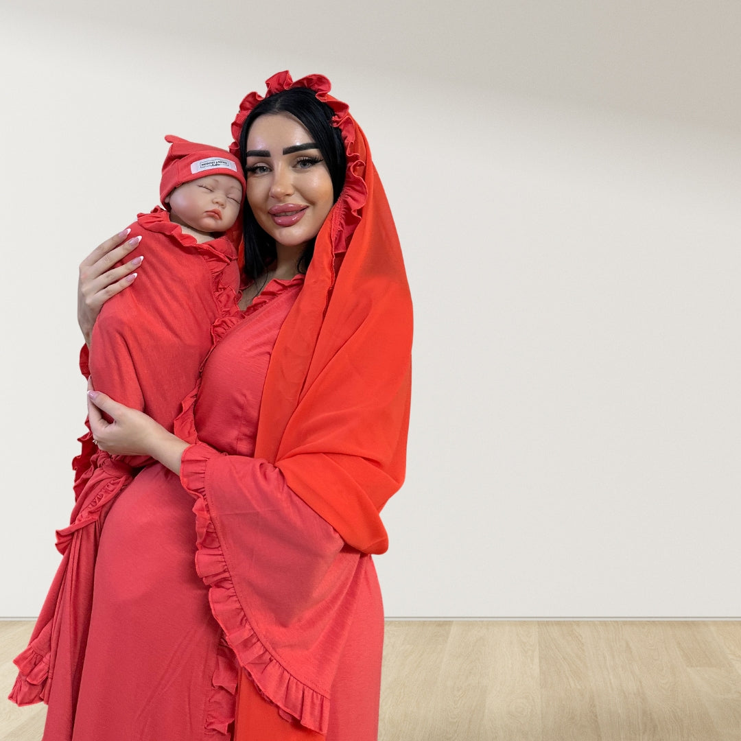 CORAL RED SIGNATURE RUFFLED ROBE AND LETTUCE SWADDLE SET