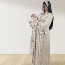 Load image into Gallery viewer, MOCHA BEIGE SIGNATURE RUFFLED ROBE AND LETTUCE SWADDLE SET