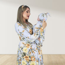 Load image into Gallery viewer, VINTAGE BLUE FLORAL MATERNITY MAXI AND SWADDLE BLANKET SET