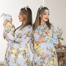 Load image into Gallery viewer, VINTAGE BLUE FLORAL MATERNITY MAXI AND SWADDLE BLANKET SET