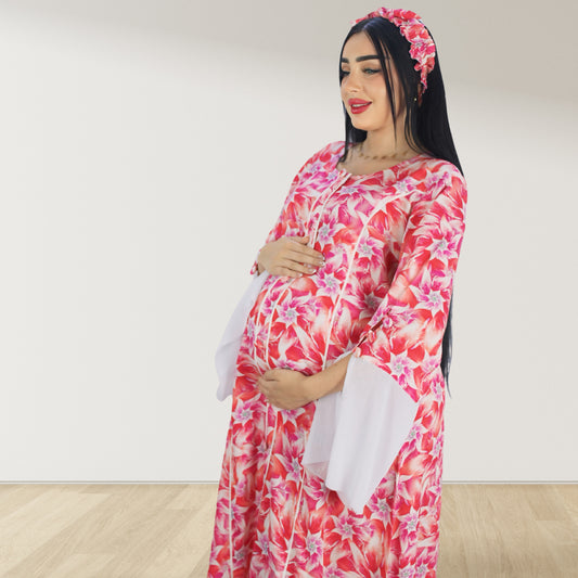 MAHRA ROSE PINK PREMIUM COTTON TRIMMED MATERNITY AND NURSING DRESS WITH ZIPPER