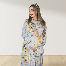Load image into Gallery viewer, VINTAGE BLUE FLORAL MATERNITY MAXI AND SWADDLE BLANKET SET