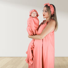 Load image into Gallery viewer, BLUSH PEACH SIGNATURE RUFFLED ROBE AND LETTUCE SWADDLE SET