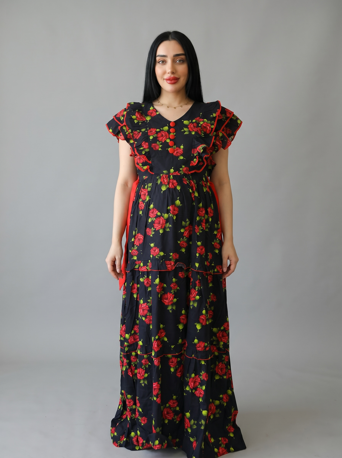BABY ROSE BLACK FLORAL FARASHA SLEEVELESS LAYERED MATERNITY AND NURSING GOWN