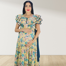 Load image into Gallery viewer, TROPICAL YELLOW  FARASHA SLEEVELESS  LAYERED MATERNITY AND NURSING GOWN