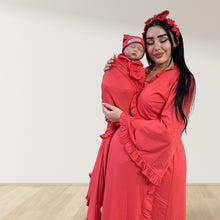 Load image into Gallery viewer, CORAL RED SIGNATURE RUFFLED ROBE AND LETTUCE SWADDLE SET