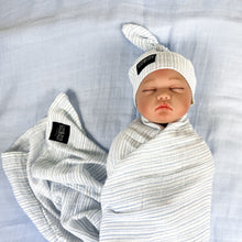 Load image into Gallery viewer, Baby blue stripes print muslin organic cotton swaddles styled by mommy and me arabia