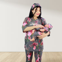 Load image into Gallery viewer, FLORAL GREY DROP SHOULDER PAJAMA SET WITH MATCHING BABY ROMPER - STYLED BY MAMA