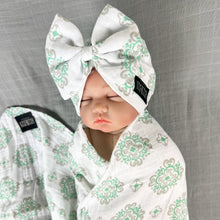 Load image into Gallery viewer, Baby green block printed Muslin organic cotton swaddles styled by mommy and me arabia