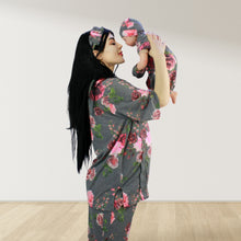 Load image into Gallery viewer, FLORAL GREY DROP SHOULDER PAJAMA SET WITH MATCHING BABY ROMPER - STYLED BY MAMA