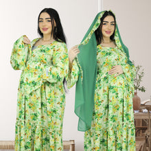 Load image into Gallery viewer, DHABIYA GREEN PREMIUM COTTON  LAYERED MATERNITY AND NURSING DRESS WITH ZIPPER