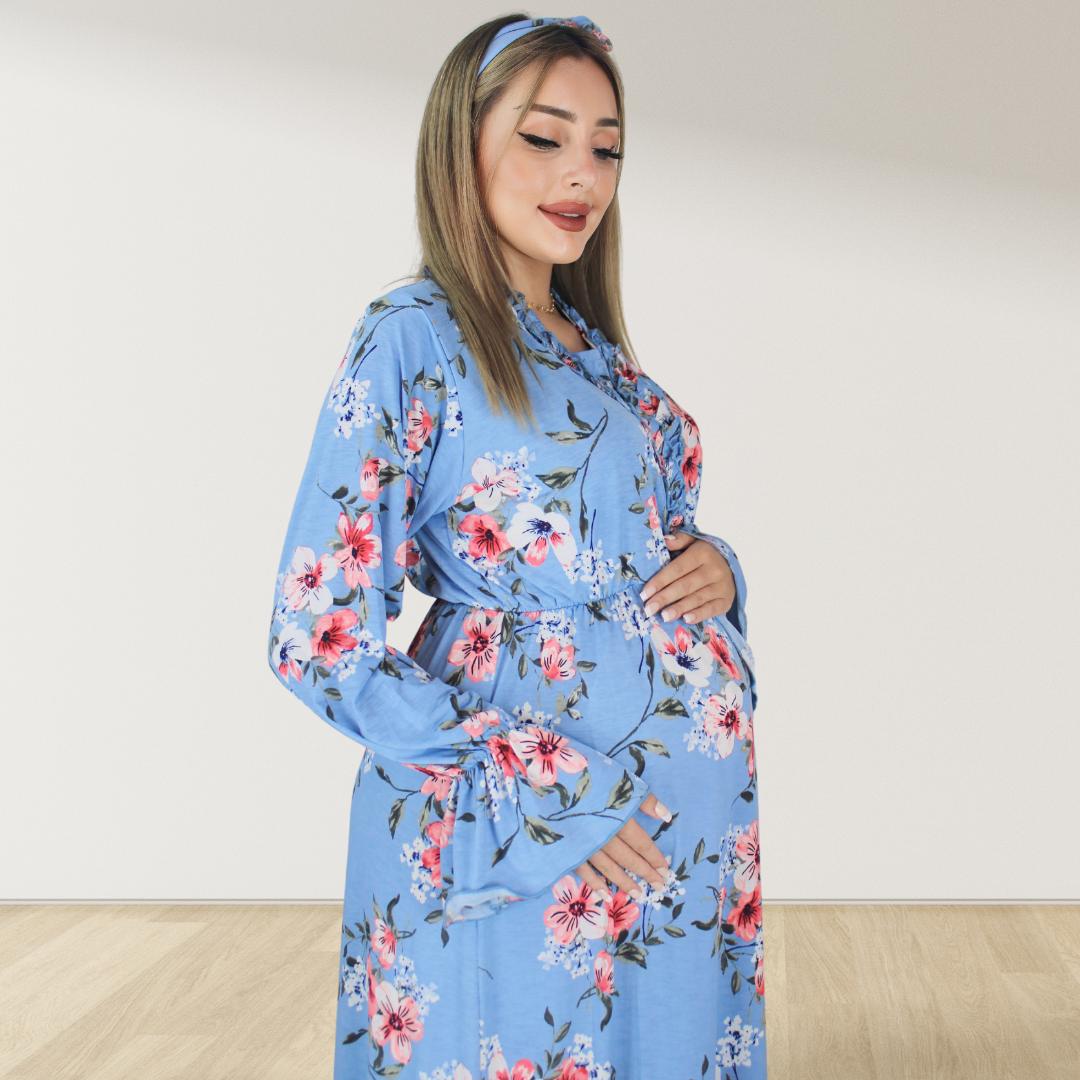 BABY BLUE FLORAL MATERNITY MAXI AND SWADDLE BLANKET SET