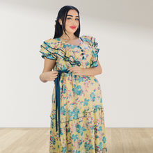 Load image into Gallery viewer, TROPICAL YELLOW  FARASHA SLEEVELESS  LAYERED MATERNITY AND NURSING GOWN