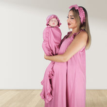 Load image into Gallery viewer, ROSE GOLD PINK  SIGNATURE RUFFLED ROBE AND LETTUCE SWADDLE SET