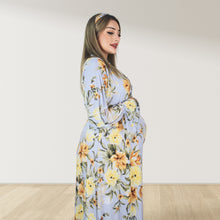 Load image into Gallery viewer, VINTAGE BLUE FLORAL MATERNITY MAXI AND SWADDLE BLANKET SET