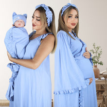 Load image into Gallery viewer, POWDER BLUE SIGNATURE RUFFLED ROBE AND LETTUCE SWADDLE SET