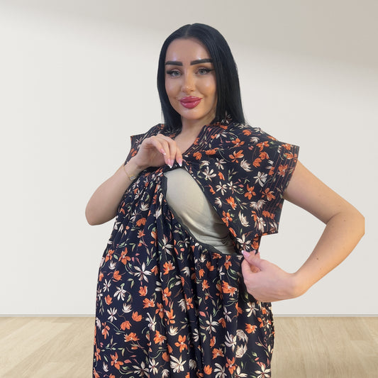 SUNSET AMBER BLACK LULU SLEEVELESS MATERNITY AND NURSING GOWN