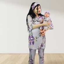 Load image into Gallery viewer, FLORAL PURPLE DROP SHOULDER PAJAMA SET WITH MATCHING BABY ROMPER - STYLED BY MAMA