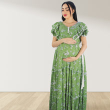 Load image into Gallery viewer, GREEN FARASHA SLEEVELESS  LAYERED MATERNITY AND NURSING GOWN