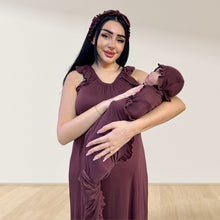Load image into Gallery viewer, WALNUT BROWN SIGNATURE RUFFLED ROBE AND LETTUCE SWADDLE SET