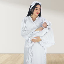 Load image into Gallery viewer, SWAN WHITE SIGNATURE RUFFLED ROBE AND LETTUCE SWADDLE SET