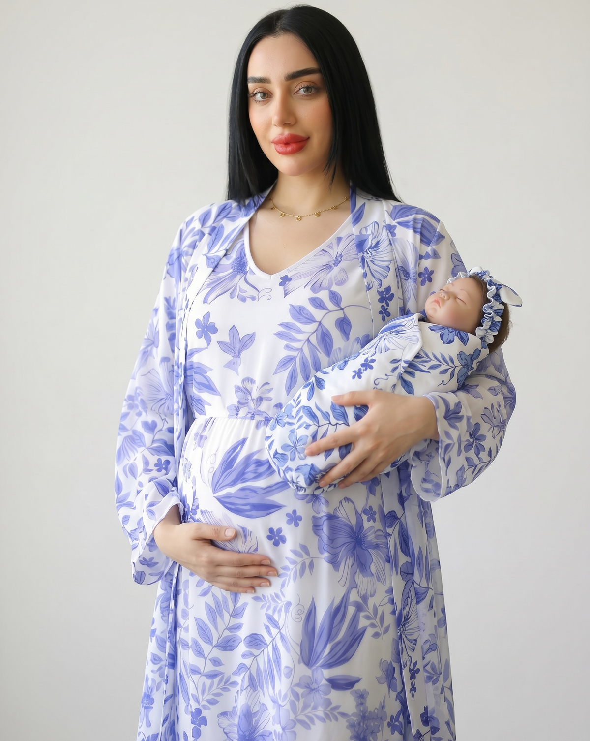 Additional view of Blue Spring Morning Black Mommy and Me 5 in 1 Long Maternity Set