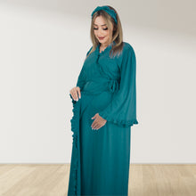 Load image into Gallery viewer, PINE GREEN SIGNATURE RUFFLED ROBE AND LETTUCE SWADDLE SET