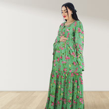 Load image into Gallery viewer, DHABIYA GREEN PREMIUM COTTON  LAYERED MATERNITY AND NURSING DRESS WITH ZIPPER