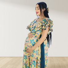 Load image into Gallery viewer, TROPICAL YELLOW  FARASHA SLEEVELESS  LAYERED MATERNITY AND NURSING GOWN