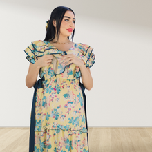 Load image into Gallery viewer, TROPICAL YELLOW  FARASHA SLEEVELESS  LAYERED MATERNITY AND NURSING GOWN