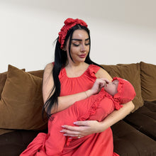 Load image into Gallery viewer, CORAL RED SIGNATURE RUFFLED ROBE AND LETTUCE SWADDLE SET