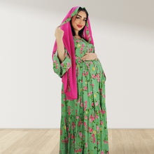 Load image into Gallery viewer, DHABIYA GREEN PREMIUM COTTON  LAYERED MATERNITY AND NURSING DRESS WITH ZIPPER