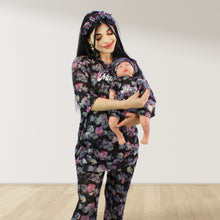 Load image into Gallery viewer, BLACK ROSE DROP SHOULDER PAJAMA SET WITH MATCHING BABY ROMPER - STYLED BY MAMA