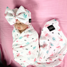 Load image into Gallery viewer, Baby flamingo pink printed Muslin organic cotton swaddles styled by mommy and me arabia
