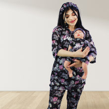 Load image into Gallery viewer, BLACK ROSE DROP SHOULDER PAJAMA SET WITH MATCHING BABY ROMPER - STYLED BY MAMA