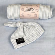 Load image into Gallery viewer, Baby blue stripes print muslin organic cotton swaddles styled by mommy and me arabia