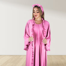 Load image into Gallery viewer, FLAMINGO PINK SIGNATURE RUFFLED ROBE AND LETTUCE SWADDLE SET