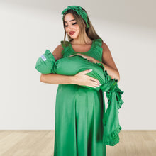 Load image into Gallery viewer, FOREST GREEN SIGNATURE RUFFLED ROBE AND LETTUCE SWADDLE SET