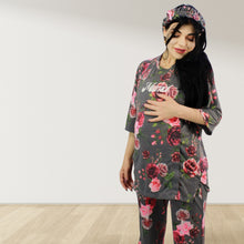 Load image into Gallery viewer, FLORAL GREY DROP SHOULDER PAJAMA SET WITH MATCHING BABY ROMPER - STYLED BY MAMA