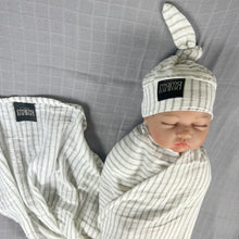 Load image into Gallery viewer, Grey stripes Muslin organic cotton swaddles styled by mommy and me arabia