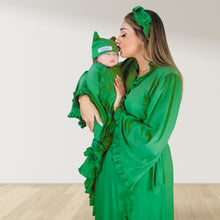 Load image into Gallery viewer, FOREST GREEN SIGNATURE RUFFLED ROBE AND LETTUCE SWADDLE SET