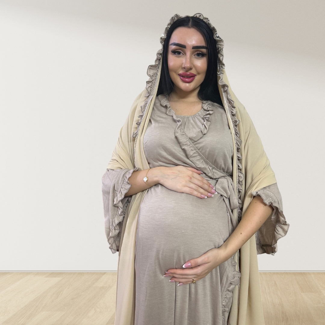 MOCHA BEIGE SIGNATURE RUFFLED ROBE AND LETTUCE SWADDLE SET