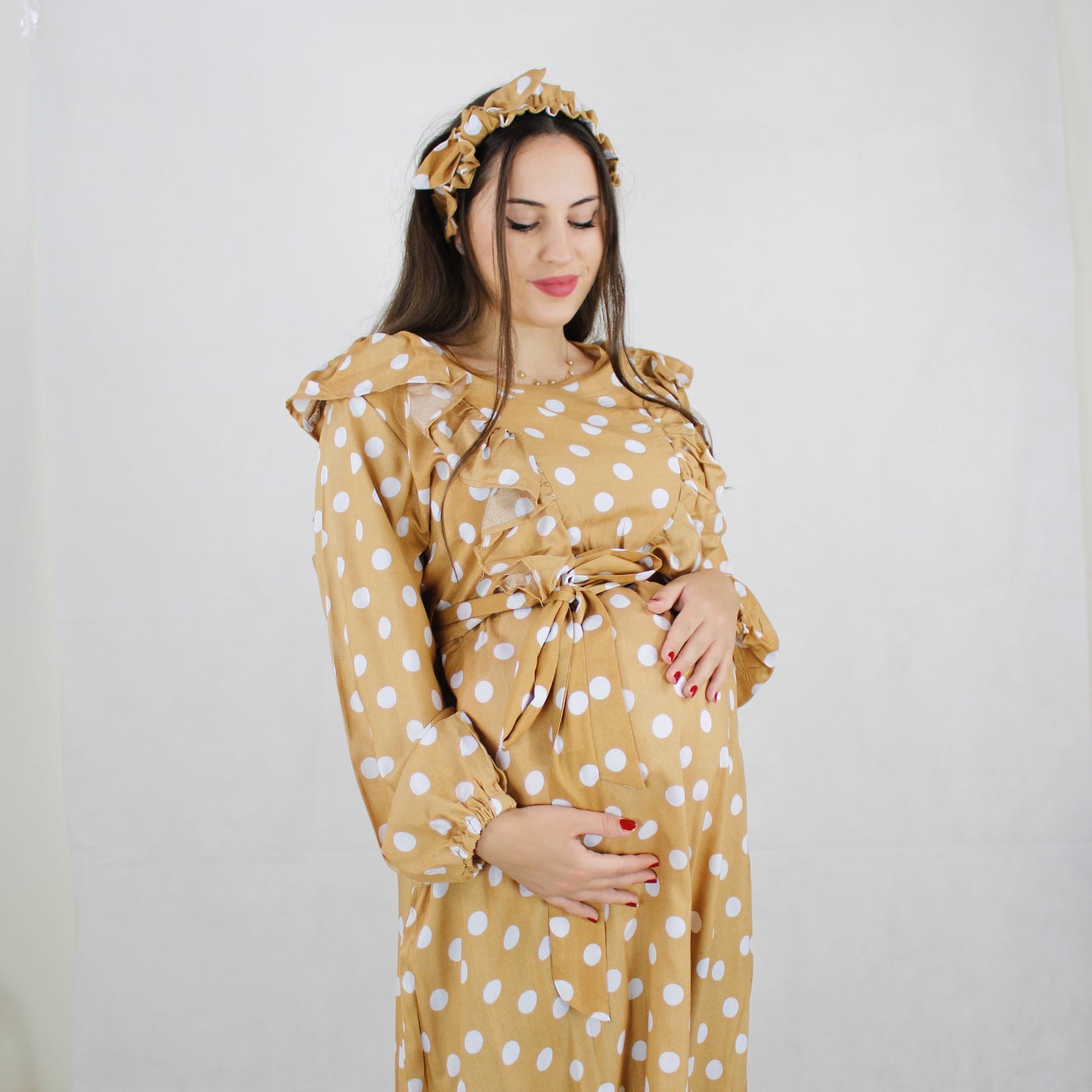 REEM LATTE DOTS ZIP MATERNITY AND NURSING GOWN
