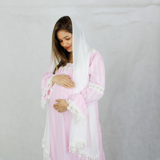 BABY PINK COTTON MATERNITY AND NURSING LONG NIGHTDRESS