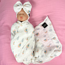 Load image into Gallery viewer, Baby rainbow printed Muslin organic cotton swaddles styled by mommy and me arabia
