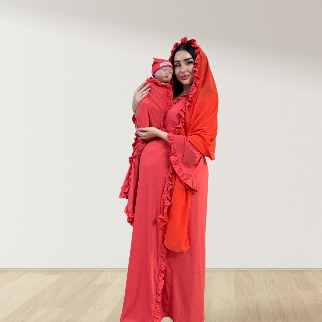 CORAL RED SIGNATURE RUFFLED ROBE AND LETTUCE SWADDLE SET
