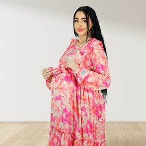 REEM BABY PINK FLORAL DOUBLE ZIPPER MATERNITY AND NURSING DRESS