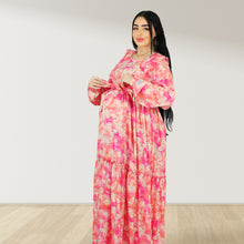 Load image into Gallery viewer, REEM BABY PINK FLORAL DOUBLE ZIPPER MATERNITY AND NURSING DRESS
