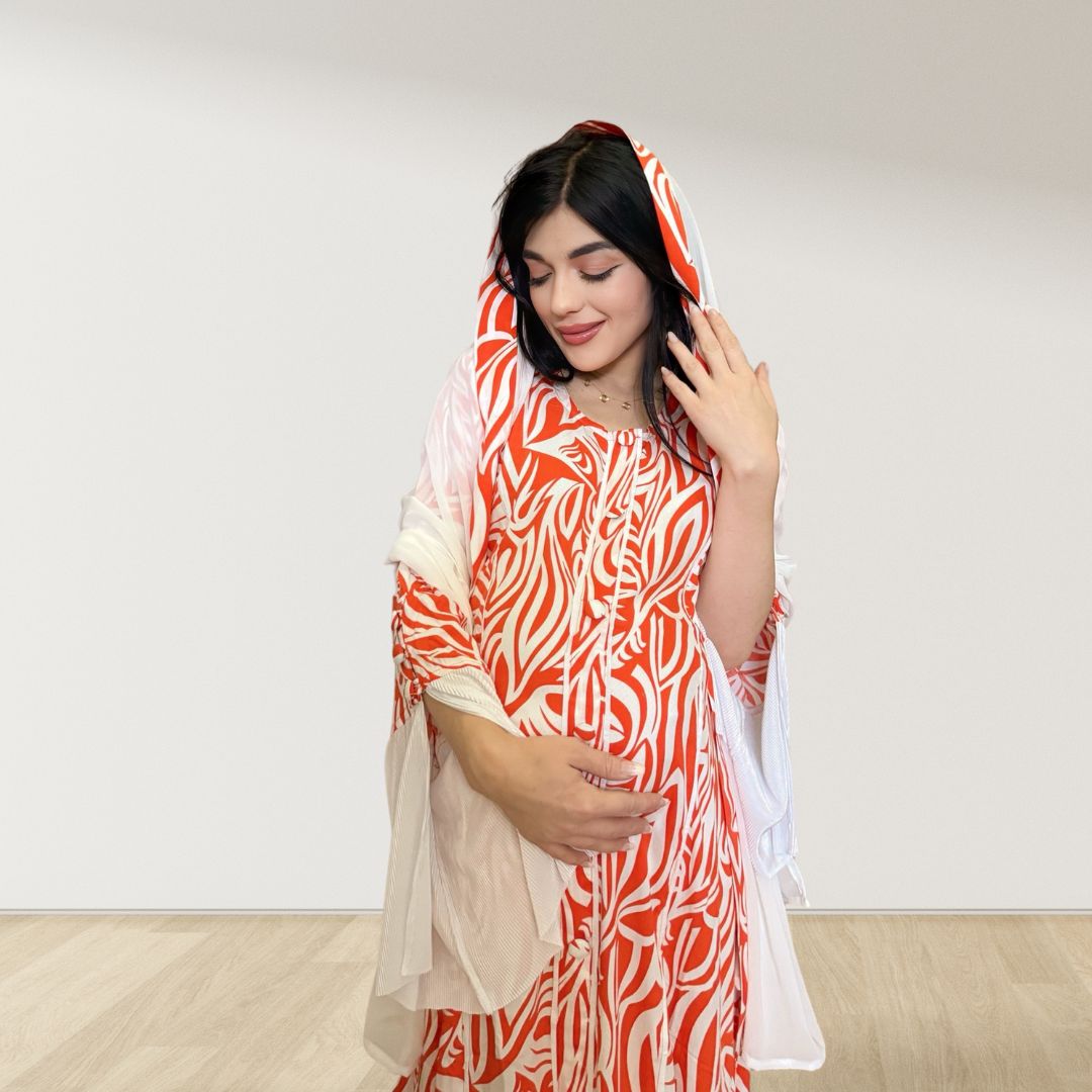 MAHRA ORANGE PREMIUM COTTON TRIMMED MATERNITY AND NURSING DRESS WITH ZIPPER