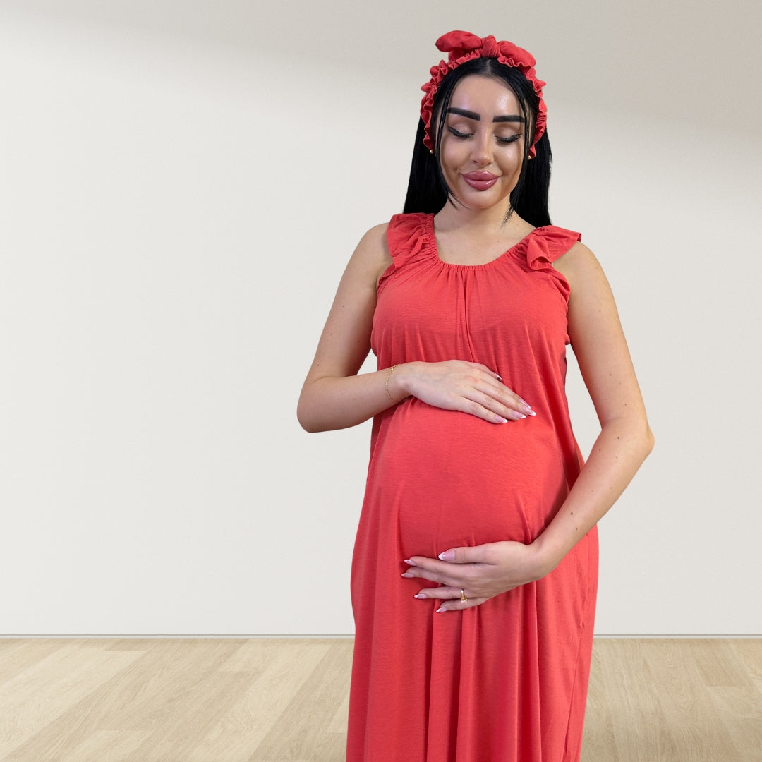 CORAL RED SIGNATURE RUFFLED ROBE AND LETTUCE SWADDLE SET